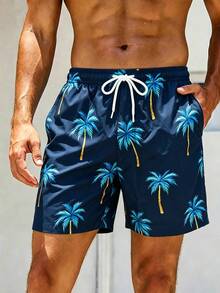 Manfinity Swimmode Men's Palm Tree Pattern Navy Blue Beach Shorts,Summer Boho Holiday Elastic Waist Drawstring Swim Trunks,Casual Swimming Shorts For Men,Holiday - Navy Blue - View 6
