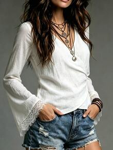 LUMIGAL Women's Casual Elegant Comfortable Minimalist Solid Color V-Neck Long Sleeve Lace Top - White - View 5