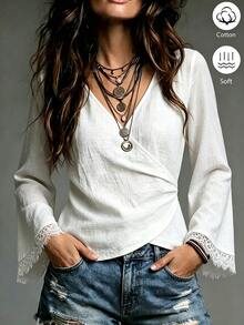 LUMIGAL Women's Casual Elegant Comfortable Minimalist Solid Color V-Neck Long Sleeve Lace Top - White - View 1