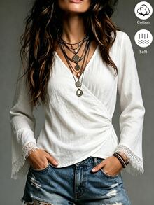 LUMIGAL Women's Casual Elegant Comfortable Minimalist Solid Color V-Neck Long Sleeve Lace Top - White - View 3