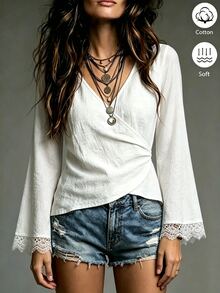 LUMIGAL Women's Casual Elegant Comfortable Minimalist Solid Color V-Neck Long Sleeve Lace Top - White - View 4