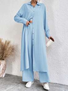 Louniche Solid Color Long Shirt And Long Pants Two Pieces Set - Blue - View 6