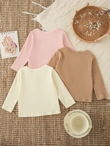 SHEIN Playful Pals 3件組女童秋季字母印花修身長袖T恤，甜美休閒百搭套裝 - 彩色 - 查看 3