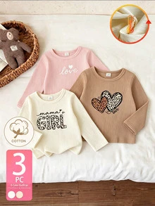 SHEIN Playful Pals 3件組女童秋季字母印花修身長袖T恤，甜美休閒百搭套裝 - 彩色 - 查看 4