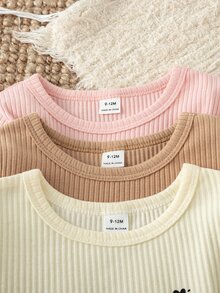SHEIN Playful Pals 3件組女童秋季字母印花修身長袖T恤，甜美休閒百搭套裝 - 彩色 - 查看 5