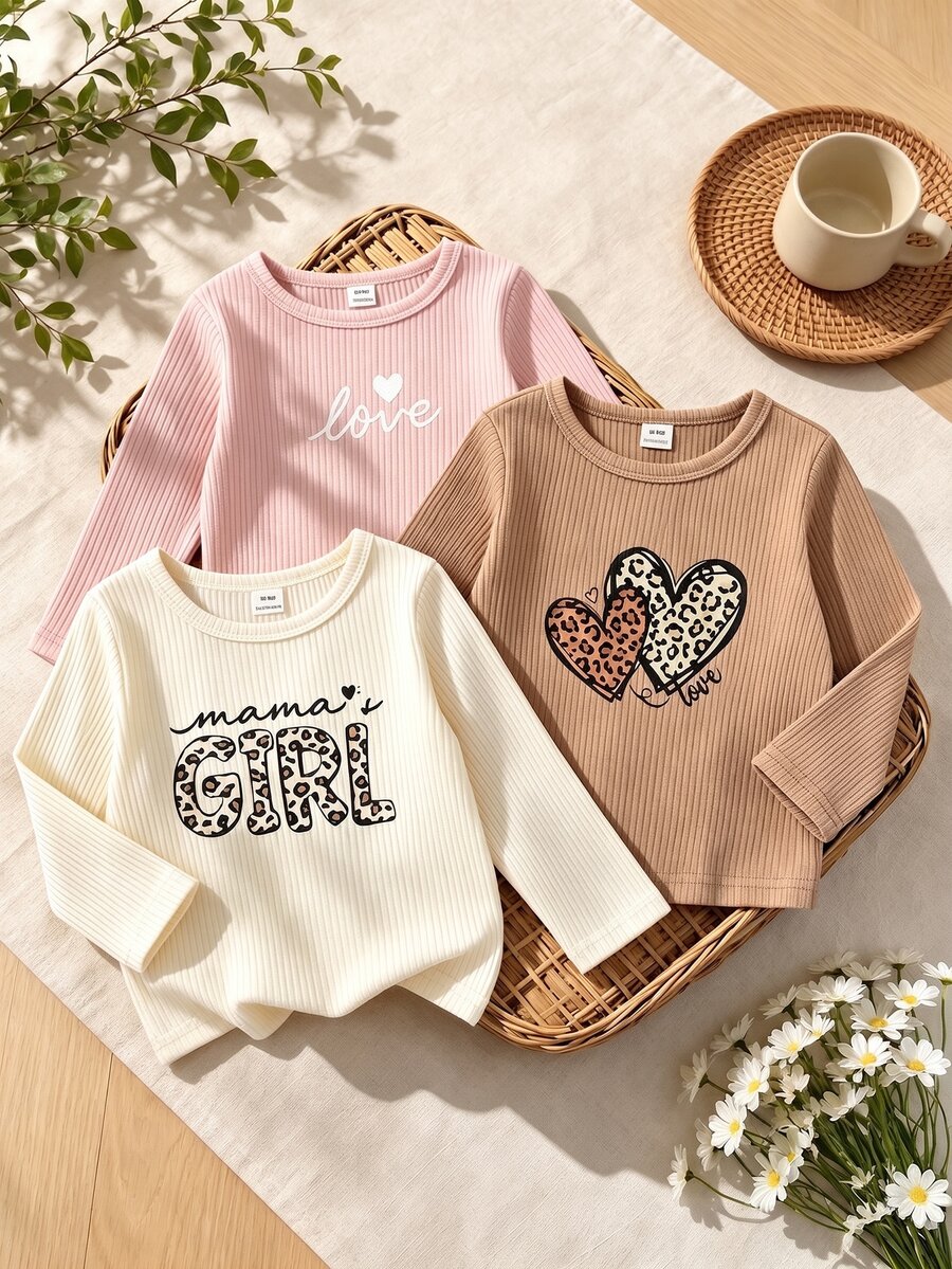 SHEIN Playful Pals 3件組女童秋季字母印花修身長袖T恤，甜美休閒百搭套裝