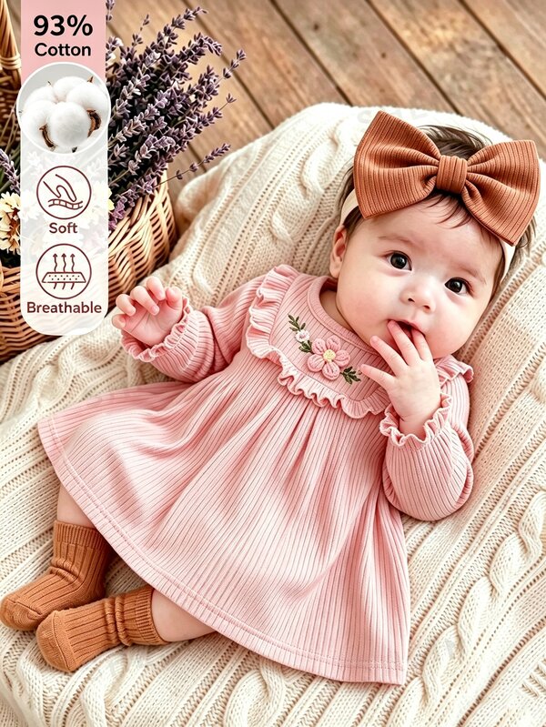 SHEIN Vestido de algodón mezclado de manga larga y cuello redondo en rosa claro para recién nacidos, adorable con acentos de flores 3D y bordados, exquisito y divertido, adecuado para el hogar, uso diario y otras ocasiones