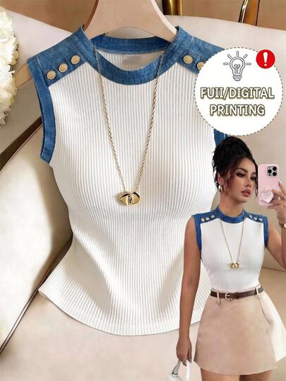 SHEIN Raffinéa Women's Elegant French Chic Color Block Binding Sleeveless Tee Knit Vest Trim Gold Buttons Detail Ribbed Fitted Daily Going‑Out Tank Top