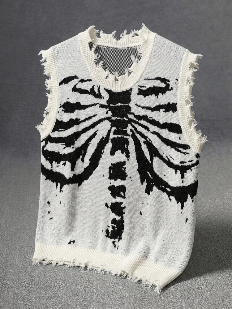 Manfinity CasualKnits Men's Halloween Skull Pattern Knit Vest With Tassel Design Suitable For Formal Or Casual Occasions, Casual Vacation, Dining And Gathering - Black and White - View 1