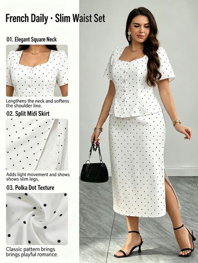 SHEIN LUNE CURVE CURVE Plus Size Women's Spring/Summer Elegant Fashion Square Neck Polka Dot Blouse And Polka Dot Slit Skirt 2-Piece Set, Suitable For Daily Wear