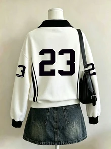 Lalippa Loose Polo Collar Pullover Drop Shoulder Long Sleeve Sweatshirt - Light Grey - View 2