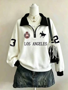 Lalippa Loose Polo Collar Pullover Drop Shoulder Long Sleeve Sweatshirt - Light Grey - View 3