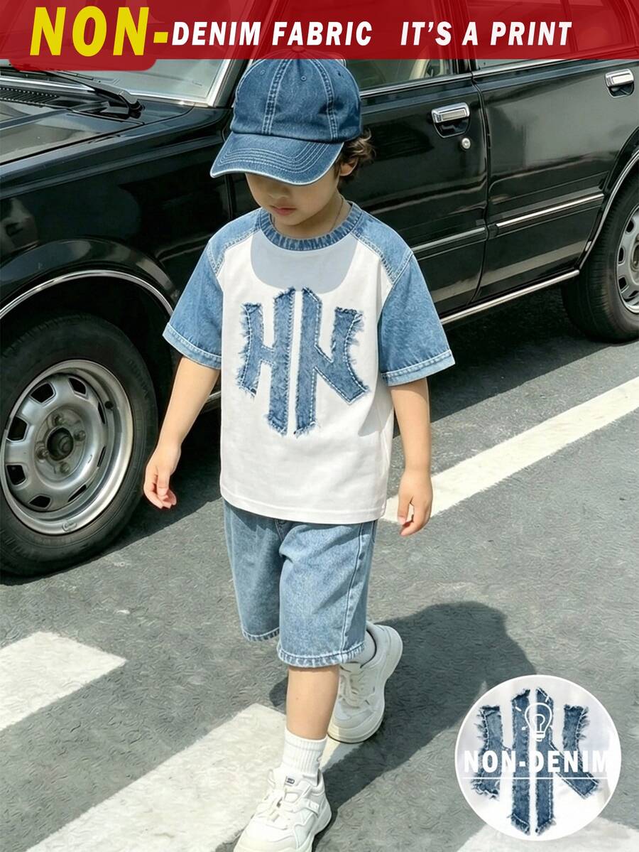 2件組小男孩酷炫圖案與個性化字母印花時尚T恤短袖運動短褲套裝,適合度假派對、街頭穿搭 - 彩色 - 查看 1
