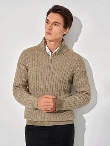 Manfinity Homme 秋冬新款部落客風時尚設計 3D 扭繩圖案半開領套頭毛衣 - 卡其色 - 查看 6