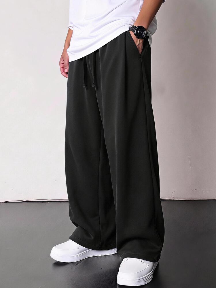 SHEIN Kids Tween Boy Casual Pleated Long Pants Black Sweatpants Minimalist All-Match Versatile, Y2k Bottoms, Ss26 , Back To School, Summer Outfits - Black - View 1