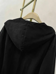 SHEIN 青少年女孩編織素色貼袋短版寬鬆休閒連帽外套，秋冬款 - 黑色 - 查看 7