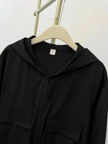 SHEIN 青少年女孩編織素色貼袋短版寬鬆休閒連帽外套，秋冬款 - 黑色 - 查看 11