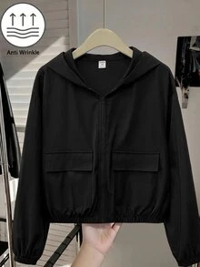SHEIN 青少年女孩編織素色貼袋短版寬鬆休閒連帽外套，秋冬款 - 黑色 - 查看 9