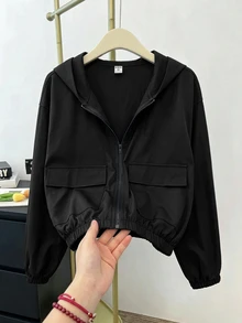 SHEIN 青少年女孩編織素色貼袋短版寬鬆休閒連帽外套，秋冬款 - 黑色 - 查看 6
