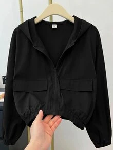 SHEIN 青少年女孩編織素色貼袋短版寬鬆休閒連帽外套，秋冬款 - 黑色 - 查看 12