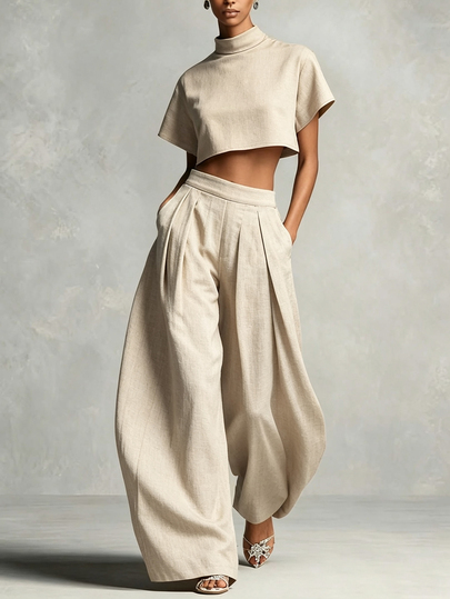 SHEIN Holidaya 2026 Spring/Autumn New Textured Linen-Feel High Waist Pleated Wide Leg Pants For Women, Drapey Slimming Height-Enhancing Straight Leg Floor-Length Casual Trousers, Versatile Loose Suit Pants For Vacation And Commuting, Light Apricot