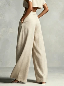 SHEIN 2026 春/秋新款女款紋理亞麻感高腰百褶寬腿褲，垂墜顯瘦增高直筒長褲，休閒百搭鬆弛西裝褲，適合度假與通勤，淺杏色 - 杏色 - 查看 2