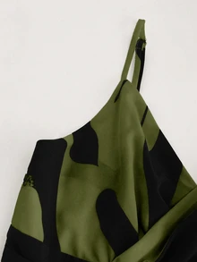 SHEIN PariChic Women's Vacation Print Tie-Up Ruched Spaghetti Strap Romper - Army Green - View 5