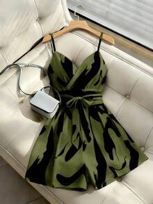 SHEIN PariChic Women's Vacation Print Tie-Up Ruched Spaghetti Strap Romper - Army Green - View 3