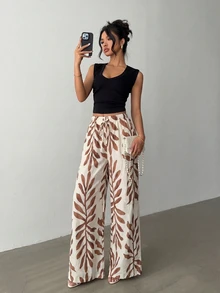 Rafferiza Black And White Herringbone Pattern Elastic Cinched Waist-Up Women's Casual Wide Leg Long Pants - Multicolor - View 4