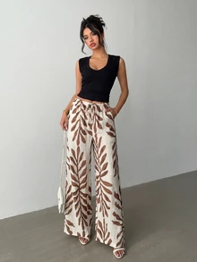 Rafferiza Black And White Herringbone Pattern Elastic Cinched Waist-Up Women's Casual Wide Leg Long Pants - Multicolor - View 6