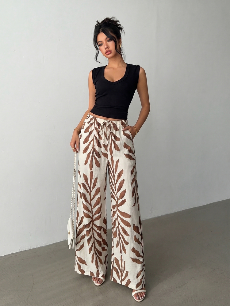 Rafferiza Black And White Herringbone Pattern Elastic Cinched Waist-Up Women's Casual Wide Leg Long Pants - Multicolor - View 6
