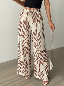 Rafferiza Black And White Herringbone Pattern Elastic Cinched Waist-Up Women's Casual Wide Leg Long Pants - Multicolor - View 1