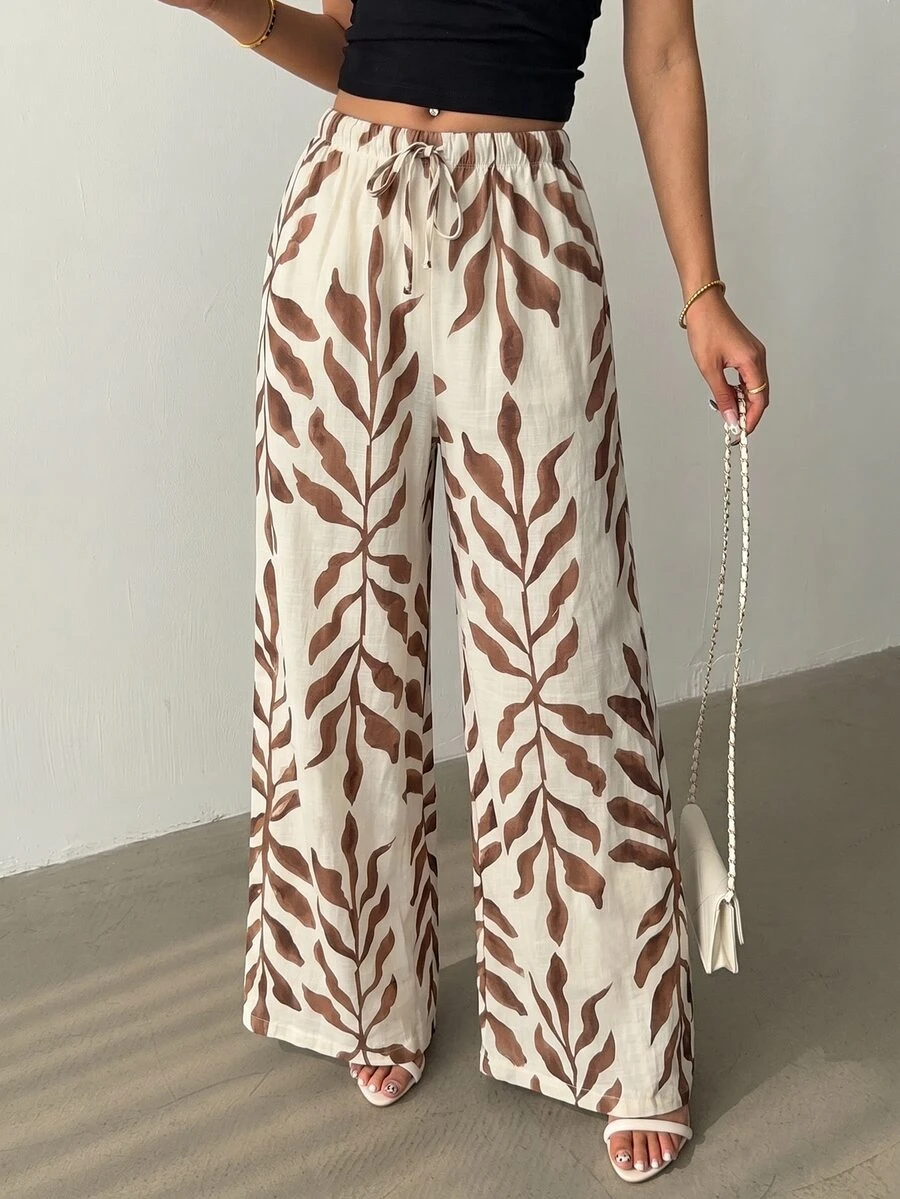 Rafferiza Black And White Herringbone Pattern Elastic Cinched Waist-Up Women's Casual Wide Leg Long Pants - Multicolor - View 1