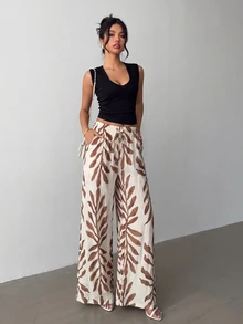 Rafferiza Black And White Herringbone Pattern Elastic Cinched Waist-Up Women's Casual Wide Leg Long Pants - Multicolor - View 5