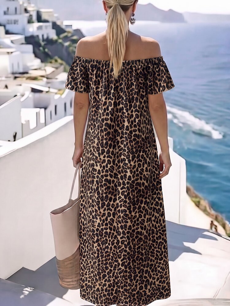 SHEIN Holidaya Women's Leopard Print Off-Shoulder Short Sleeve Loose Long Dress - Brown - View 2