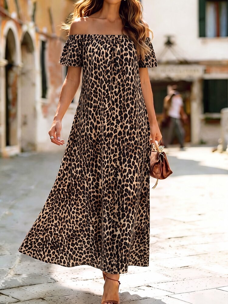 SHEIN Holidaya Women's Leopard Print Off-Shoulder Short Sleeve Loose Long Dress - Brown - View 1