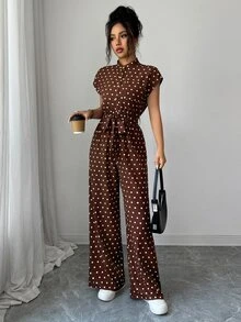 Rafferiza 女款優雅立領前開鈕扣連肩短袖收腰寬腿長版連身褲 - 咖啡棕 - 查看 5