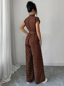 Rafferiza 女款優雅立領前開鈕扣連肩短袖收腰寬腿長版連身褲 - 咖啡棕 - 查看 2