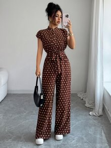 Rafferiza 女款優雅立領前開鈕扣連肩短袖收腰寬腿長版連身褲 - 咖啡棕 - 查看 1