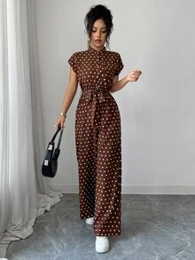 Rafferiza 女款優雅立領前開鈕扣連肩短袖收腰寬腿長版連身褲 - 咖啡棕 - 查看 6