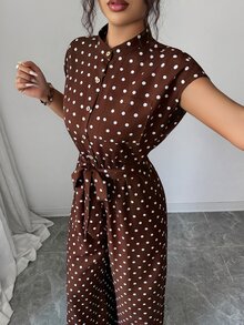 Rafferiza 女款優雅立領前開鈕扣連肩短袖收腰寬腿長版連身褲 - 咖啡棕 - 查看 7