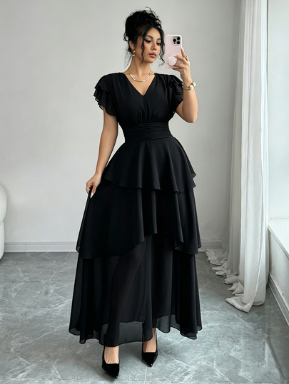 SHEIN Franclia Solid Color Chiffon Lining V-Neck Pleated Vintage Elastic Waist A-Line Layered Romantic Ruffle Asymmetric Hem Double Flutter Sleeve Maxi Dress, Elegant French Retro, Minimalist Versatile, Suitable For Spring & Summer, Long Summer Dress, Valentine's Day Dress, Carnival Outfit, Beach Dress, Holiday Dress, Party Elegant Dress, Women's Burgundy Maxi Dress