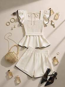Formidée Plus Size Women's Summer Outfit New Arrival, French Retro Elegant Fashion Contrast Color Ruffle Trim Top And Shorts 2-Piece Set - Multicolor - View 2