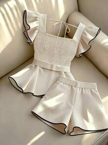 Formidée Plus Size Women's Summer Outfit New Arrival, French Retro Elegant Fashion Contrast Color Ruffle Trim Top And Shorts 2-Piece Set - Multicolor - View 4