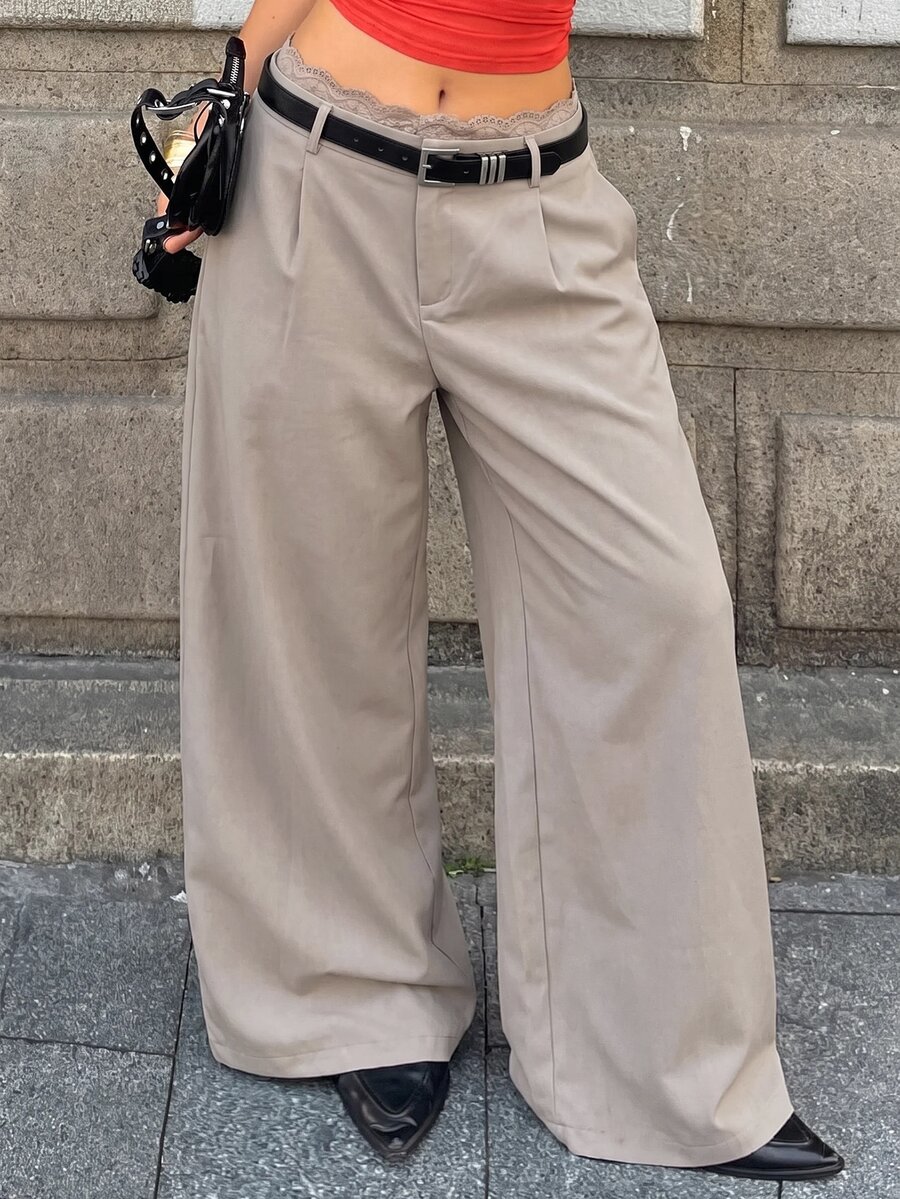 Coolane 女款蕾絲飾邊休閒百搭日常穿著長褲 - 杏色 - 查看 1
