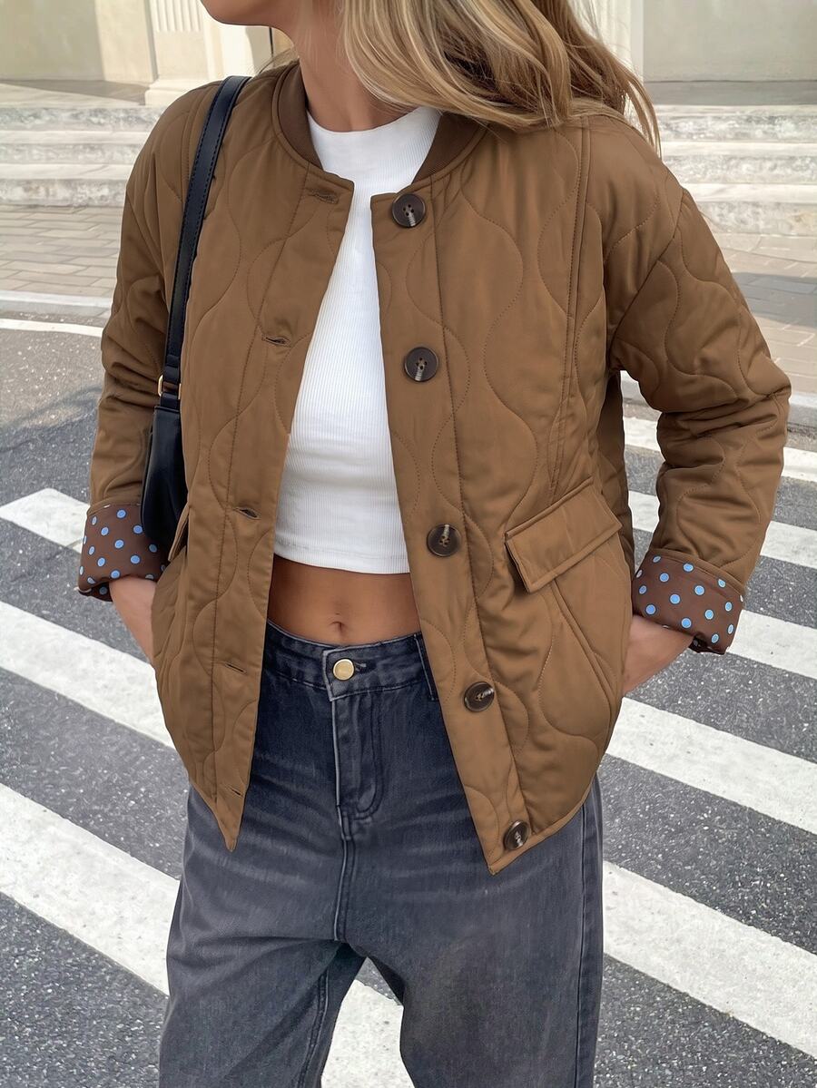 Serisse 女款休閒雙面波點單排扣冬季長袖外套,可正反穿,棕色冬外套 - 棕色 - 查看 1