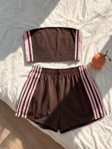 SHEIN 青少年女孩對比粉色膠帶裝飾棕色抹胸上衣與短褲2件套，夏季穿搭 - 棕色 - 查看 3