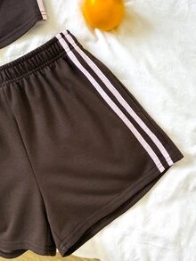 SHEIN 青少年女孩對比粉色膠帶裝飾棕色抹胸上衣與短褲2件套，夏季穿搭 - 棕色 - 查看 6