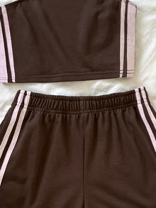 SHEIN 青少年女孩對比粉色膠帶裝飾棕色抹胸上衣與短褲2件套，夏季穿搭 - 棕色 - 查看 4