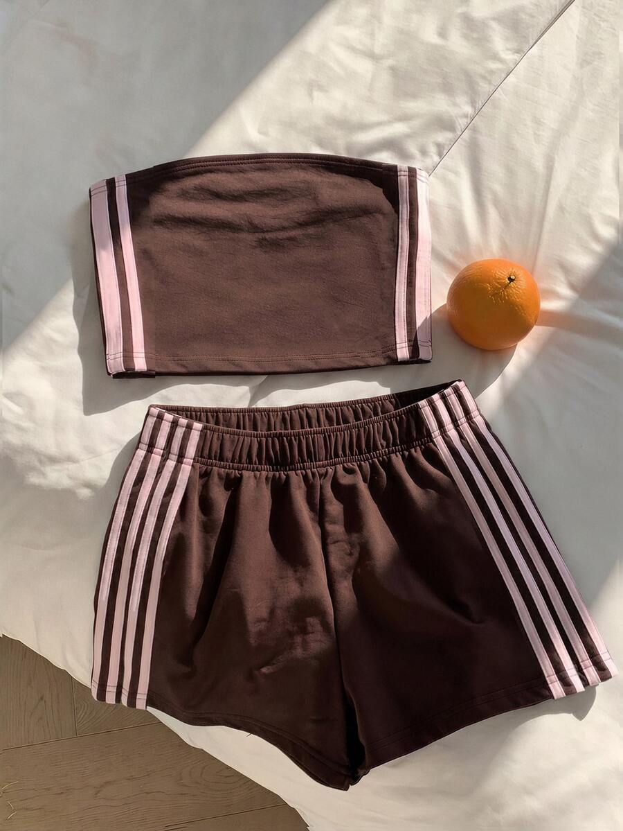 SHEIN 青少年女孩對比粉色膠帶裝飾棕色抹胸上衣與短褲2件套,夏季穿搭 - 棕色 - 查看 1